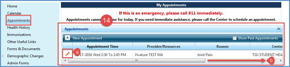 14. Your requested appointment appears in your appointments table. a. Click the Edit icon to make changes to your appointment. b. Click the Cancel icon to cancel appointments 24+ hours in the future.