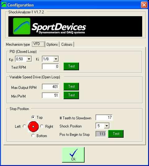 SportDevices.com ShockAnalyzer 1.7 Page 16/20 2.7.2 VFD Tab This window is used to configure the VFD (Variable Frequency Drive) output which powers the 3-phase motor.