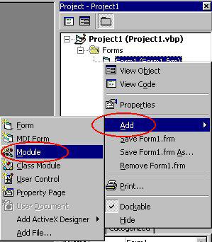 5. Click the right mouse button in the Project manager window, and select Add then select Module, Refer to