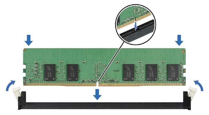 Figure 43. Installing a memory module Next steps 1 If applicable, install the air shroud. 2 Follow the procedure listed in After working inside your system.