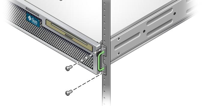 3-4). FIGURE 3-4 Securing the Front of the Server to the Rack 8. Get the two rear mount flanges from the rack kit (FIGURE 3-1). 9.