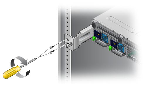 FIGURE 3-5 Securing the Rear of the Server to the Rack Mounting the Server in a Sliding Rail Mount 19-Inch 4-Post Rack To Install a Server With a Sliding Rail Mount in a 19-Inch 4-Post Rack The