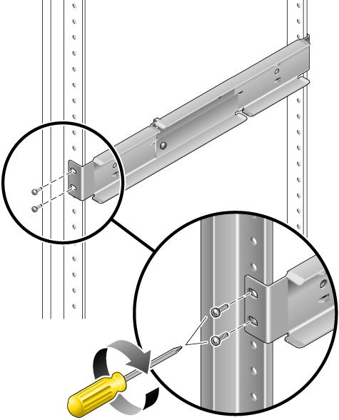 FIGURE 3-16 Securing the Front of the Adjustable Rails to the Rack The size of the screws varies, depending on your particular rack. 4.