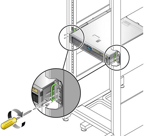 FIGURE 3-22 Securing the Front of the Server to the Front of the Rack Installing a Server With a Hardmount in a 19-Inch 4-Post Rack for Use With the Cable Management Assembly Note Ensure that you
