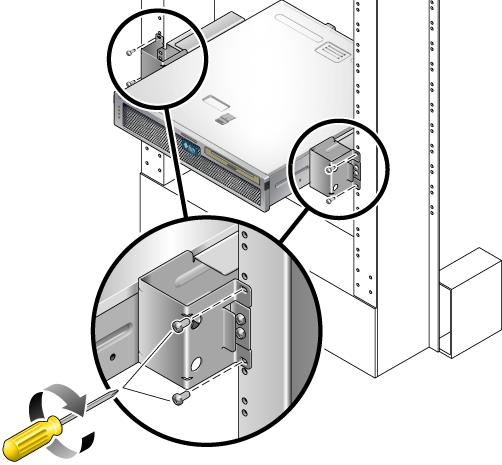 5. Lift the server into the rack and slide the server onto the rail guides (FIGURE 4-4). FIGURE 4-4 Installing and Securing the Server in the 2-Post Rack 6.