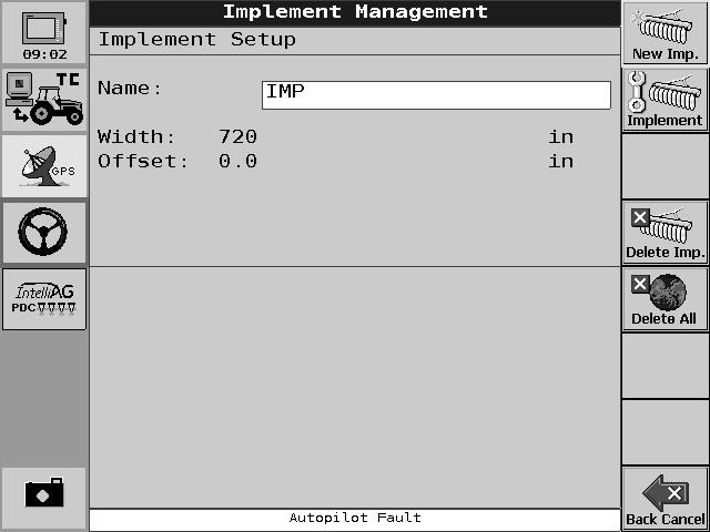 IMPLEMENT CONFIGURATION Data Management button Edit Implement button Configuring an implement identifies the type of implement attached, how much area the implement covers, and any implement offset.