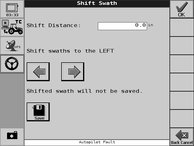 5. To only adjust the swath during the current operation and is not required for future runs, press the OK button to return to the Operate screen. The swath shifts relative to the AB Line.