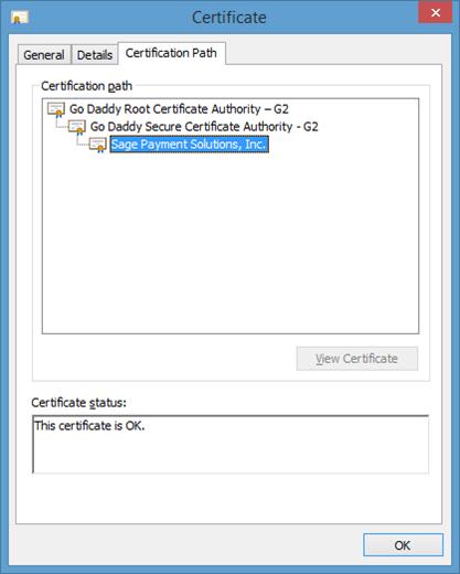 7. Verify that the Certificate status field displays This certificate is OK. 8. Click OK to close the Certificate window. 9. Click OK to close the SageExchangeDesktopBootstrapper.