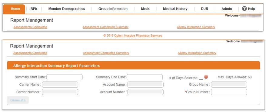 On admin tab, users are able to select the report management to access an allergy interaction summary.