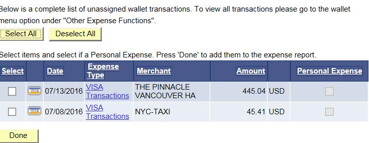 f. If you have transactions in My Wallet, a screen similar to the following will display: g.
