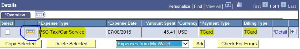 i. Click on Return to My Wallet. Notice that the expense type in My Wallet has now changed from VISA Transactions to the expense type you selected in the previous step j.