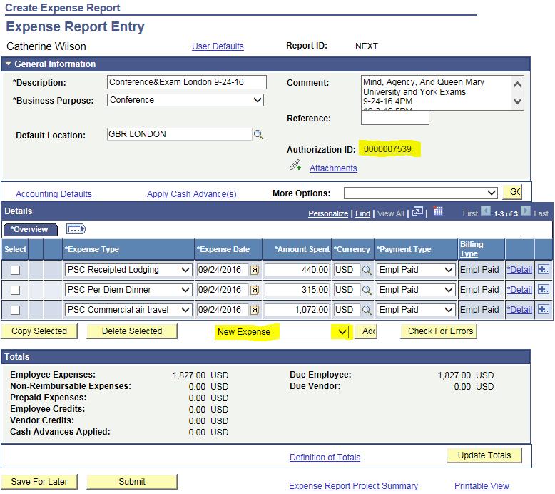 a. Select the corresponding TA, and the transactions will be automatically copied to the ER Expense Location Details b. In the top section, make sure you see the Authorization ID as highlighted above.