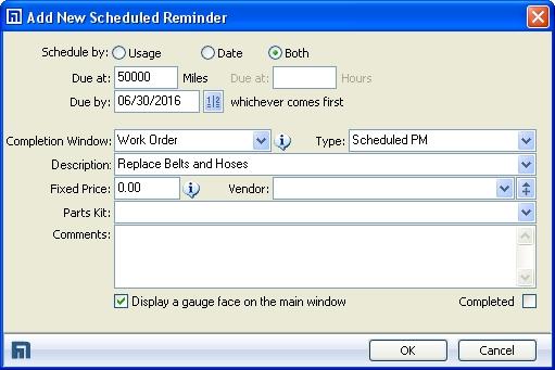 Adding a Scheduled Reminder Each vehicle contains an optional collection of reminders and recurring tasks, listed on the Setup Vehicle Reminders window.