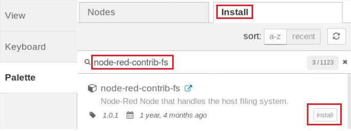 To read from a directory on the file system, we will need another Node-Red node called filelister. Click on the menu icon install the nodes and select Manage palette.