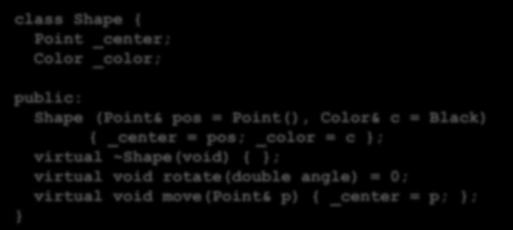Base Class: shape Members of a class Methods : rotate(), move(), Shape(), ~Shape() Attributes: _center, _color class Shape { Point _center; Color _color; Shape (Point&