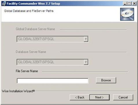 Chapter 3: Installing Facility Commander Wnx Global configuration Figure 51: File server name required 3. The Logon Account for SQL Server Services window opens, as shown in Figure 52.