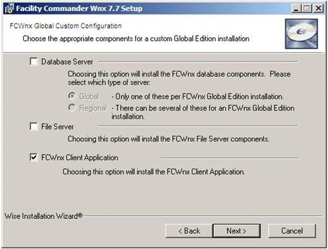 Chapter 3: Installing Facility Commander Wnx Global configuration Figure 58: FCWnx Global Custom configuration - FCWnx Client Application 7. Click Next.