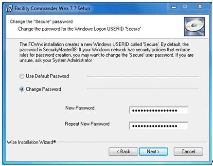 Chapter 8: Installing Facility Commander Wnx Software on additional clients Figure 150: Change the Secure password window 7.