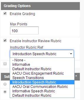 Tip: Both students and instructors can use the rubrics in MediaShare during a live speech Enable Peer Review Rubric o If students will be reviewing each other s submissions and you have created a