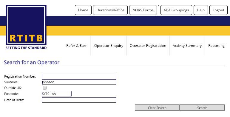 If you are registering a new qualification for an existing operator, you can alternatively, enter their NORS number in the Registration Number field. 9. Click Search.