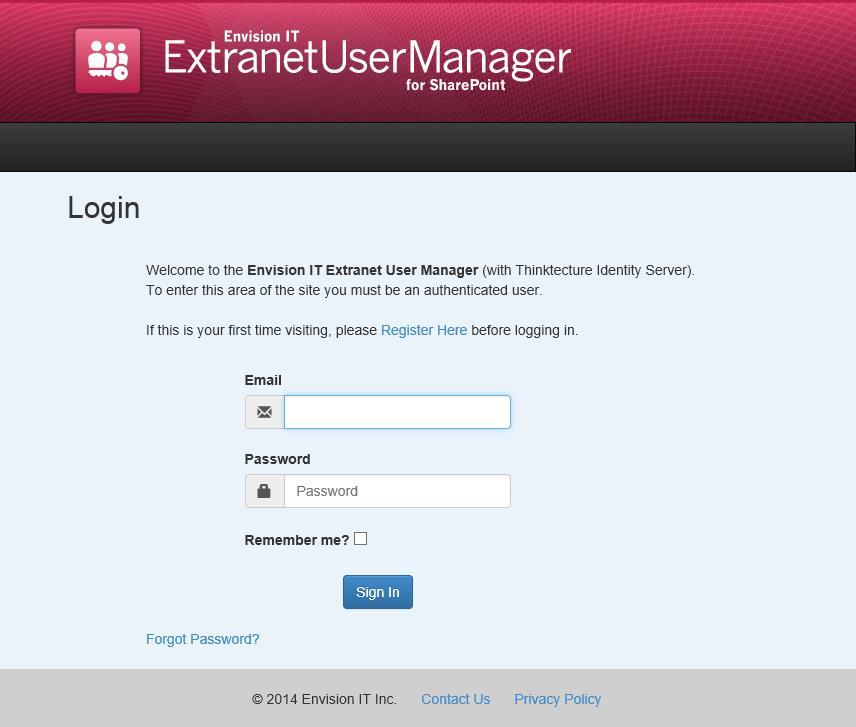 8 Extranet User Manager User Guide Login Page Once a user account is created and a password has been set, the login page will be used each time an extranet site is accessed in order for the extranet