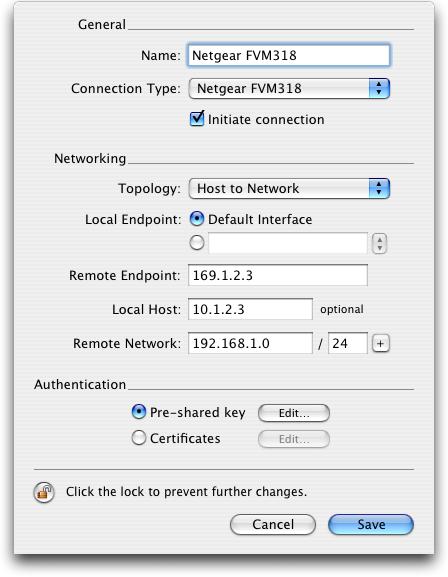 3. Connecting a VPN Tracker Host to a NETGEAR FVM318 VPN Firewall The pre-defined connection type Netgear FVM318 is based on these settings. Please check all fields.