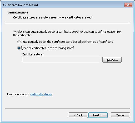 certificates in the following store,
