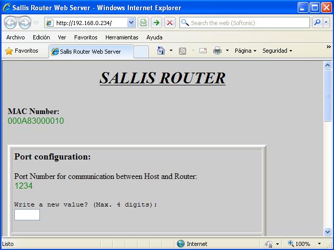 Figure 6-1 Sallis Router Web Page At the beginning of the web page, in the upper-left side, we can read the MAC number of the Router, and just
