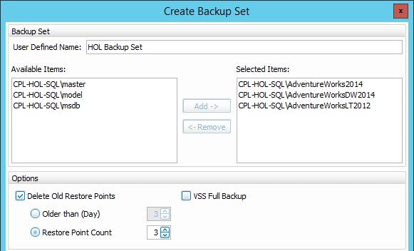 Define the retention policy for the backup set. By default, the backup set will retain three restore points.
