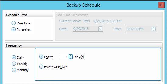 9. The Backup Schedule dialog box will be displayed on the screen. 10. Set the schedule to run the backup set every day at 10pm. Select Recurring in the Schedule Type pane. 11.