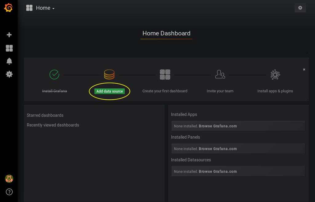 You will be presented with the Home Dashboard and you'll see an Add d dad a ta s ource o e icon, click it to continue.