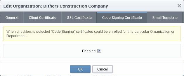 The domain from which the code signing certificates are to be issued has been delegated to the Organization or Department.