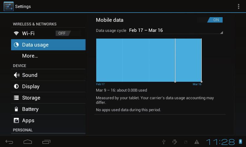 ! Data Usage Select to turn on/off Mobile