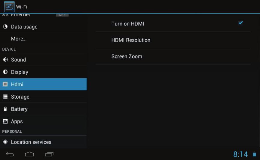 ! HDMI Select this option to turn on HDMI output. Adjust resolution and screen zoom according to your TV.