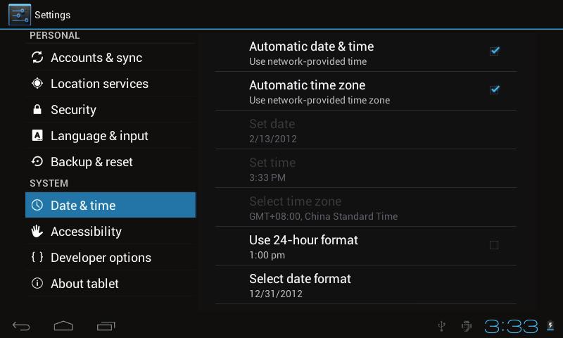 6.4 SYSTEM! Date & time You can use network-provided time or time zone, or you can manually setup date, time, select time zone and you can also select time and date format.