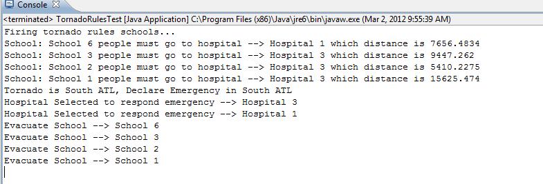 Figure 35 shows the output of the emergency response rules reasoning process. The engine has found that Schools 1, 2, 3, and 6 needs to be evacuated. Hospital 1 and 3 are suitable for the response.