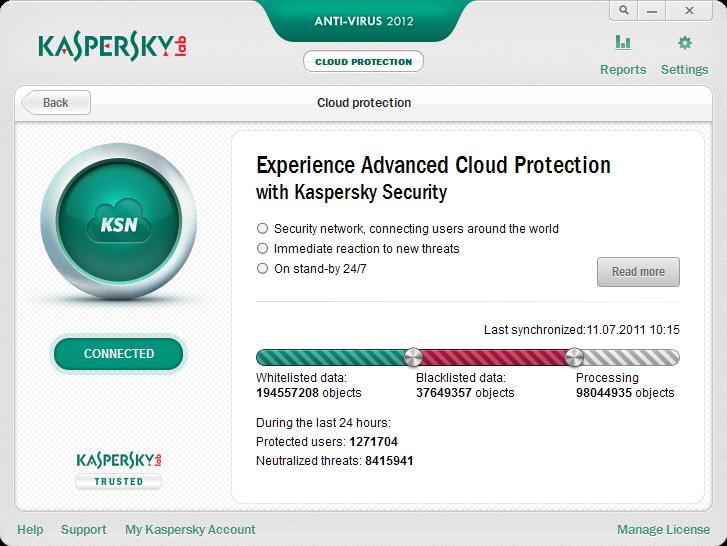 User participation in Kaspersky Security Network allows Kaspersky Lab to operatively collect information about types and sources of new threats, develop disinfection methods, and decrease the number