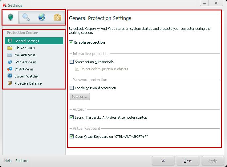 The application settings window The Kaspersky Anti-Virus 2012 settings window is designed for configuring the entire application and separate protection components, scanning and update tasks.