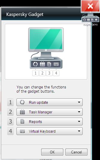 3. In the Kaspersky Gadget window configure the buttons, by selecting actions that should be performed when you click those buttons.