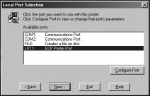 9. Select the port through which your PC is connected to the printer from the Available Ports box in the Local Port Selection window (fig. 4.