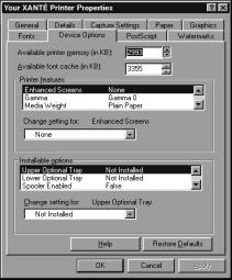 Fig. 6.6 Windows 95 and 98 Device Options Tab a. Use the right scroll bar to locate the feature in the Printer features box.