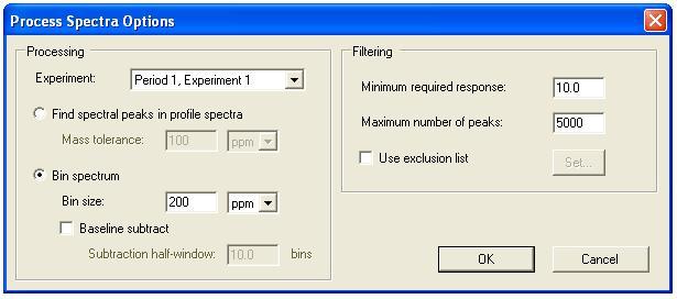 The Process Spectra Options dialog contains the following general items: Experiment In the case of multiple-period or multiple-experiment data, select the period and experiment combination to process.