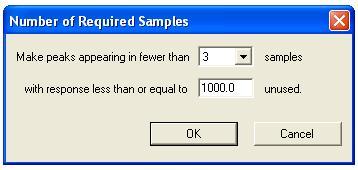 When you select the command the dialog shown below is presented. Specify the minimum number of samples for which the specified response is required in order for a given peak to remain included.