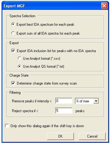 The dialog contains the following items: Export best IDA spectrum for each peak In the case that IDA was triggered for a particular peak in the interest list more than once (for all of the samples),