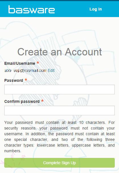 4. Choose a username to Basware Commerce Network. The service selects the email address that your invitation was sent to as your username.