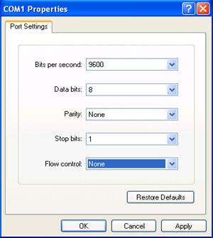 Figure 20 Setting the serial port parameters NOTE: To use the default settings, click Restore Defaults. 5.