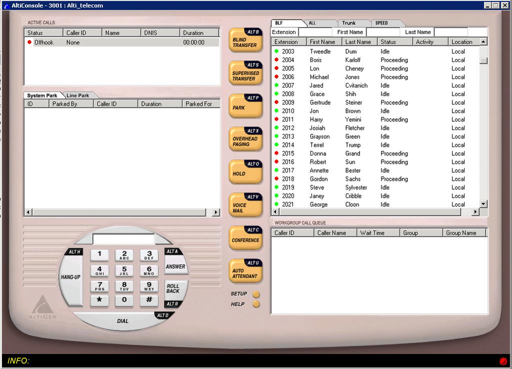 Active Calls Panel Parked Calls Panel Call Handling Buttons Calls Waiting in Group Queue Info line Roll Back Button Help Button Setup Button The main window contains the following displays and