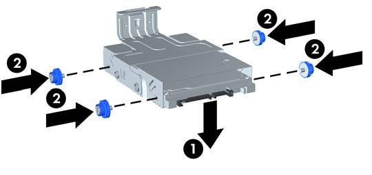 12. Position the hard drive so that the top of the hard drive is up against the top of the carrier (1) so that the circuit board on the bottom of the hard drive does not come in contact wit the tabs