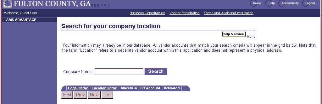 4. On Search for your company location page, in Company Name field type part of your name or