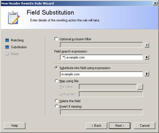CHAPTER 7: UNDERSTANDING EMAIL POLICY ELEMENTS 4. Click Next to proceed to the Field Substitution window. 5. In the Optional Exclusion Filter field, you can enter a regular expression.